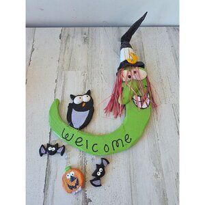 Witch moon wooden Halloween hanging sign welcome owl bat decor large shabby chic